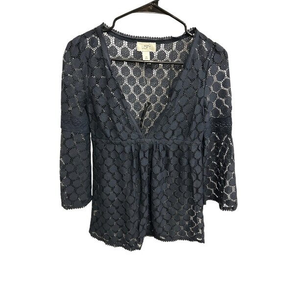 Ann Taylor Loft NWT Navy Crochet Lace Top Bell Sleeves Whimsygoth Witchy Sz XS - Picture 1 of 10